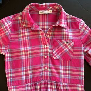 Vineyard Vines Flannel Shirt Dress‎ Girls Size 10 Pink Plaid Button Front Preppy